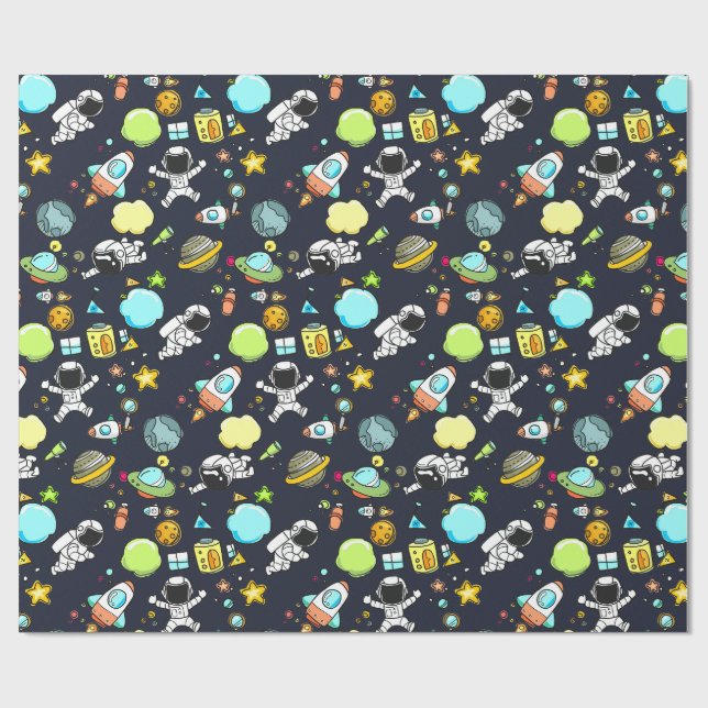 Cooles Weltraumthema - Astronauten und Raketenschi Geschenkpapier (Flach)