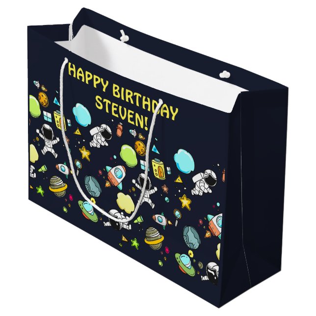 Cooles Weltraumthema - Astronauten und Raketenschi Große Geschenktüte (Vorderseite Schrägansicht)