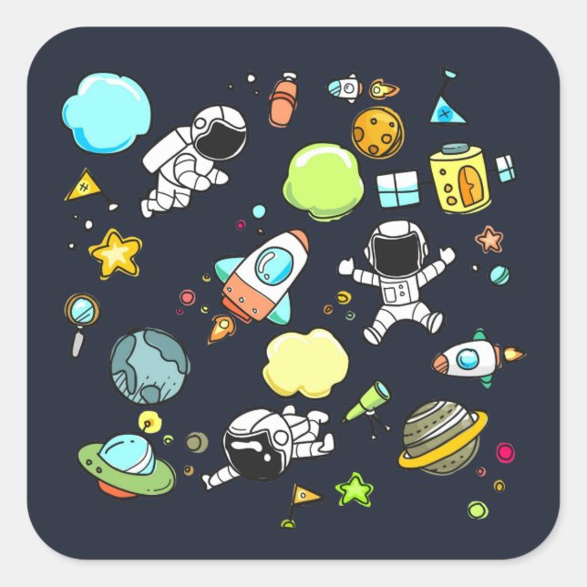 Cooles Weltraumthema - Astronauten und Raketenschi Quadratischer Aufkleber (Vorderseite)