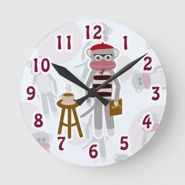 Coolsville Beatnik Sock Monkey Niedlicher Cartoon  Runde Wanduhr (Vorderseite)