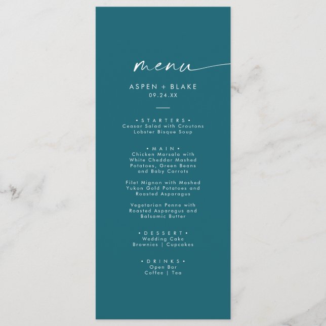 Coordonnée aquarelle moderne | Menu Mariage Turquo (Devant)