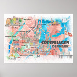 Copenhagen Denmark Illustrated Map with Main Roads Poster