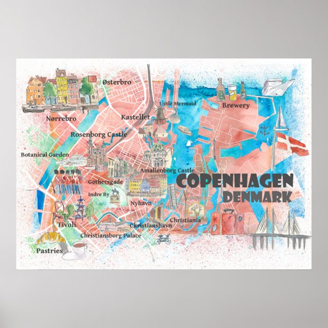 Copenhagen Denmark Illustrated Map with Main Roads Poster (Vorne)