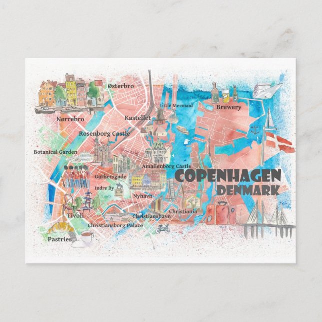 Copenhague Danemark Carte illustrée avec les route (Devant)