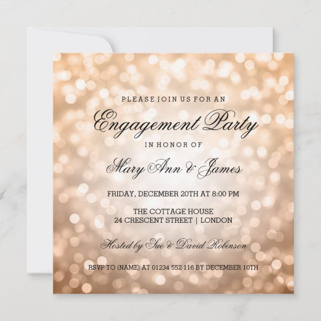 Copper Bokeh Lights Elegante Engagement Party Einladung (Vorderseite)