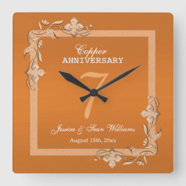 Copper Gem & Glitzer 7. Hochzeitstag Quadratische Wanduhr