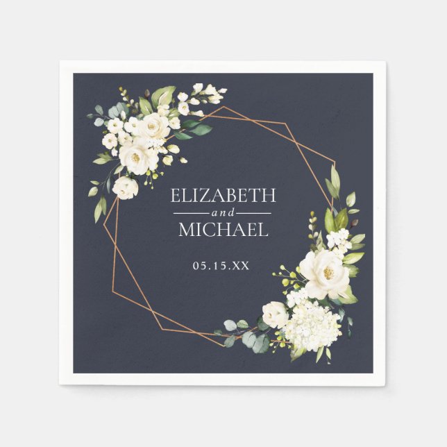 Copper Geometric Blue White Floral Wedding Napkin Serviette (Vorderseite)