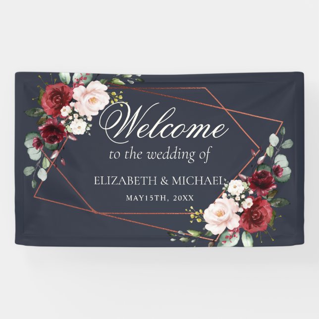 Copper Geometric Burgundy Blue Elegante Hochzeit Banner (Horizontal)