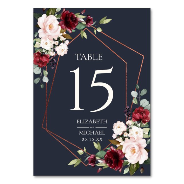 Copper Geometric Burgundy Blue Elegante Hochzeit Tischnummer (Vorderseite)