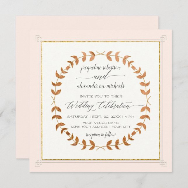 Copper Look Laurel Leaf Wreath Script Typografie Einladung (Vorne/Hinten)