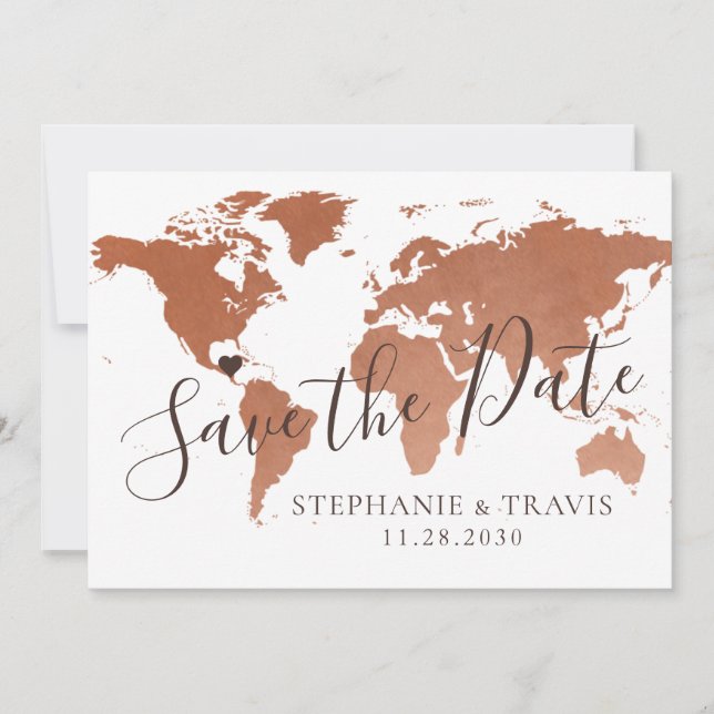 Copper Map Hochzeit in Urlaubsort Save the Date Ka Ankündigung (Vorderseite)