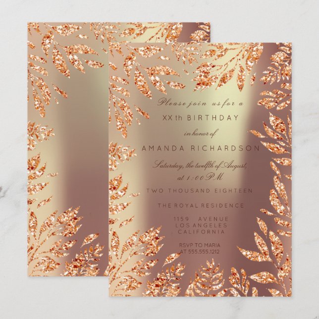 Copper Rose Gold Glitzer Blätter Florals Gerahmt Einladung (Vorne/Hinten)