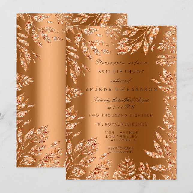 Copper Rose Gold Glitzer Leafs Florals Frame Glam Einladung (Vorne/Hinten)