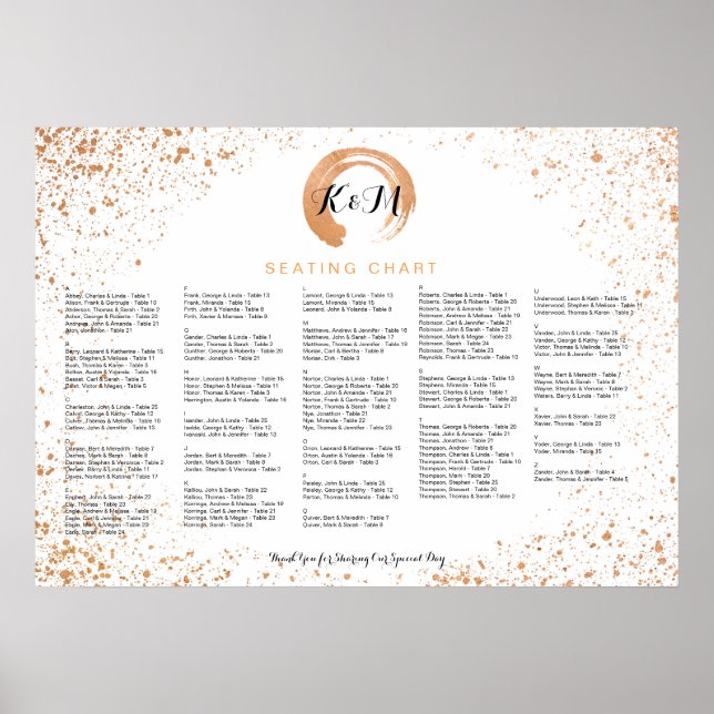 Copper Spray Wedding Seating Chart A-Z by name Poster (Vorne)