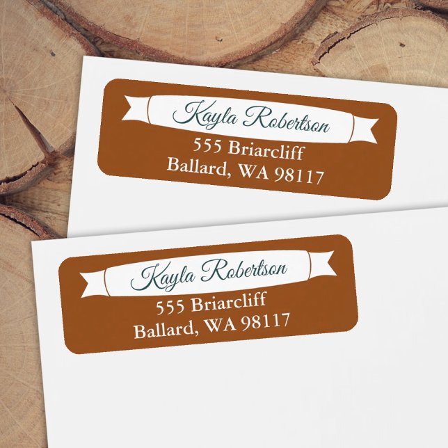 Copper & Teal Green Address Label with Banner (copper orange return address labels with teal green text)