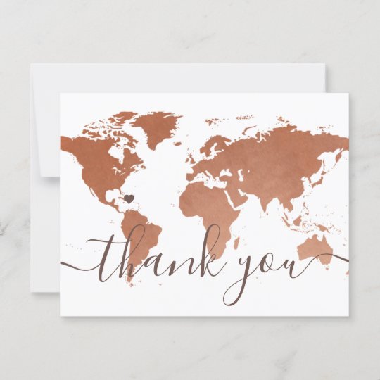 Copper World Map Beach Hochzeit in Urlaubsort Pic Dankeskarte