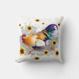 Coq avec Tournesol Aquarelle Art Jeter Oreiller