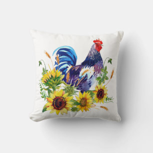 Coq avec Tournesol Aquarelle Art Jeter Oreiller