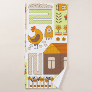 Coq et deux poules, oeufs, fleurs, maison, drawin