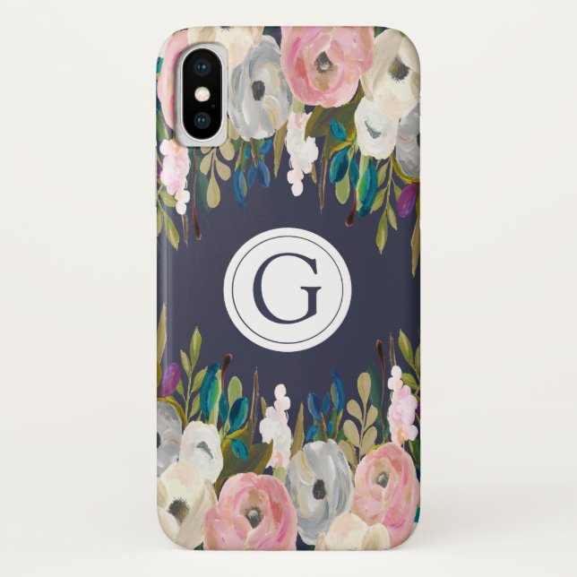 Coque initial personnalisé Iphone X Floral Navy (Dos)