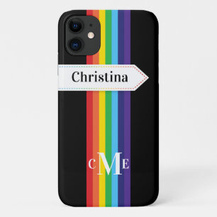 Coque iPhone 11 Arc-en-ciel rayé avec Monogramme
