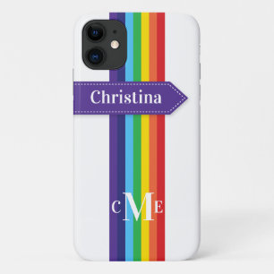 Coque iPhone 11   Arc-en-ciel rayé avec Monogramme
