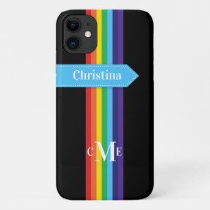 Coque iPhone 11 Arc-en-ciel rayé avec Monogramme
