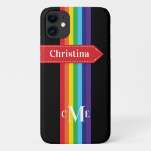 Coque iPhone 11 Arc-en-ciel rayé avec Monogramme