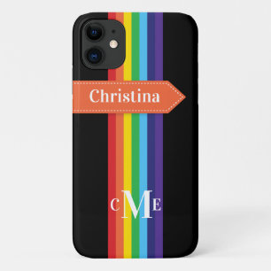 Coque iPhone 11 Arc-en-ciel rayé avec Monogramme