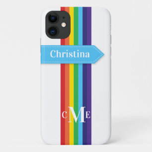 Coque iPhone 11 Arc-en-ciel rayé avec Monogramme