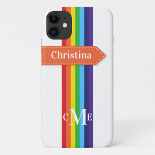 Coque iPhone 11 Arc-en-ciel rayé avec Monogramme