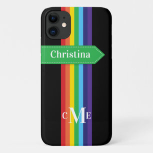 Coque iPhone 11 Arc-en-ciel rayé avec Monogramme