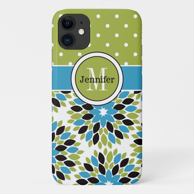Coque iPhone 11 | Floral, points | Bleu, Vert (Dos)