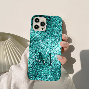 Coque iPhone 15 Pro Max Monogramme personnalisé Turquoise Parties scintill