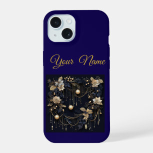 Coque iPhone 15 slim vintage bleu marine et or Noë