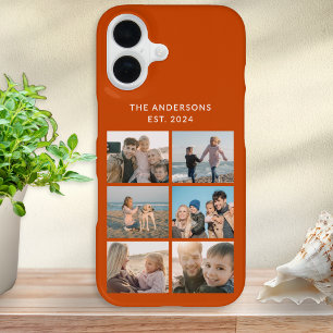 Coque iPhone 16 6 Collage Photo Nom de Famille Orange Brûlé