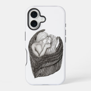 Coque iPhone 16 Anges qui s'embrassent, design noir et blanc