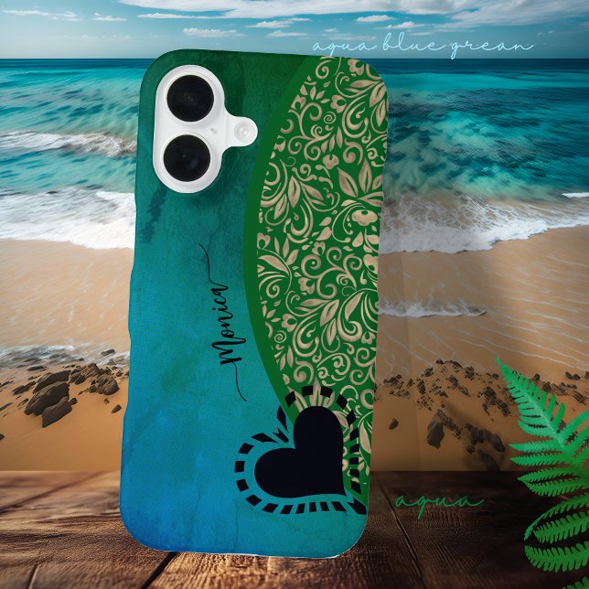 Coque iPhone 16 Aqua Bleu Vert Moderne Coeur Floral (Aqua Blue Green Modern Floral Heart iPhone 16 )