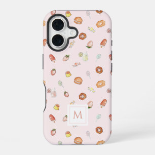Coque iPhone 16 Aquarelle de fille Dessert Motif rose Monogramme