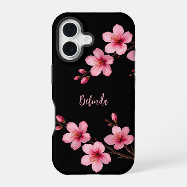 Coque iPhone 16 Aquarelle rose cerisier noir Monogramme en fleurs (Verso)