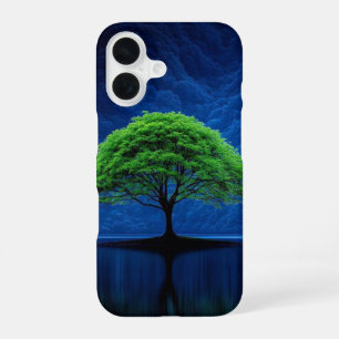 Coque iPhone 16 Arbre vert vif sur Midnight Blue Lake Phone