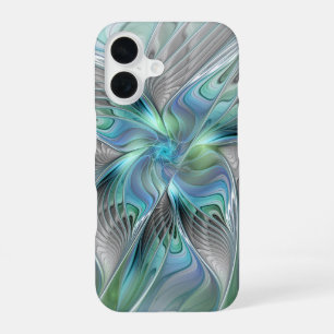 Coque iPhone 16 Art abstrait papillon bleu vert fantasy fractal