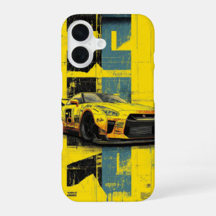 Coque iPhone 16 Art de voiture de course grunge rétro jaune et ble