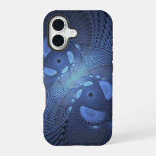 Coque iPhone 16 Art fractal abstrait moderne bleu crépusculaire te
