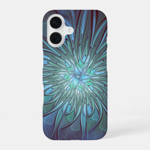 Coque iPhone 16 Art fractal de fleurs bleu tendance abstrait moder