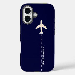 Coque iPhone 16 Avion avec ligne pointillée sur bleu foncé