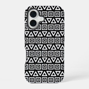 Coque iPhone 16 Aztec Triangles+Motif Carré blanc sur noir