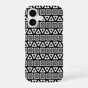 Coque iPhone 16 Aztec Triangles+Motif Carré blanc sur noir