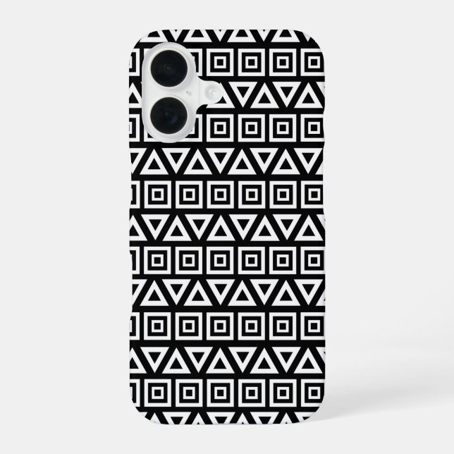 Coque iPhone 16 Aztec Triangles+Motif Carré blanc sur noir (Verso)