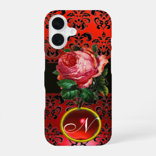 COQUE iPhone 16 BELLE ROSE ROSE NOIRE DAMASSÉE RUBIS MONOGRAMME